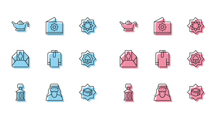 Set line Ramadan Kareem lantern, Muslim man, Oil lamp, Kaaba mosque, Shirt kurta, Mosque, Donate or pay your zakat and Octagonal star icon. Vector