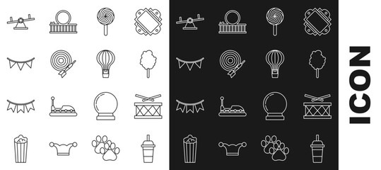 Set line Paper glass with drinking straw and water, Drum drum sticks, Cotton candy, Lollipop, Classic dart board arrow, Carnival garland flags, Seesaw and Hot air balloon icon. Vector