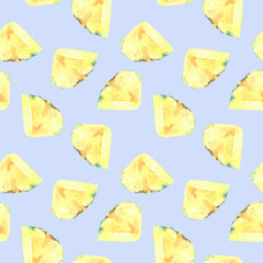 Watercolor lilac seampless pattern pineapple slice, juicy fruit illustration, white bright background, colorful Pattern for kids, wallpaper,digital paper, repeating background,fabric,gift wrap, print