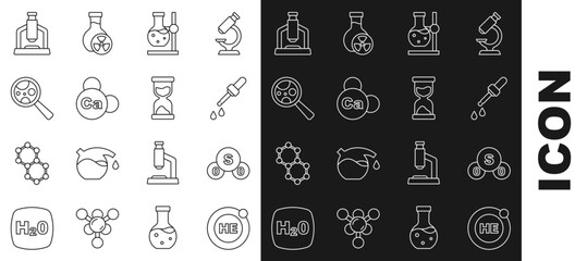Set line Helium, Sulfur dioxide SO2, Pipette, Test tube flask on stand, Mineral Ca Calcium, Microorganisms under magnifier, Microscope and Old hourglass icon. Vector