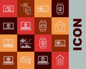 Set line Smart home, Laptop with smart with wi-fi, House under protection, Mobile phone, house and light bulb, alarm and watch icon. Vector