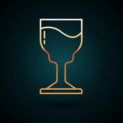 Gold line Wine glass icon isolated on dark blue background. Wineglass icon. Goblet symbol. Glassware sign. Happy Easter. Vector