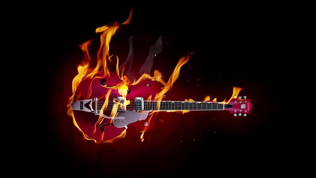 Burning rock guitar on a black background. Slow motion fire flames, explosions, sparks. 