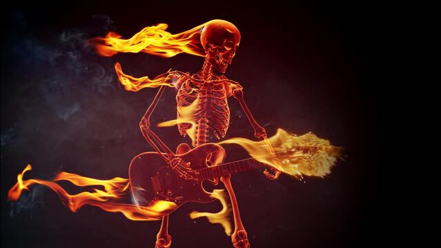 Burning skeleton playing rock guitar. Slow motion fire flames with sparks.