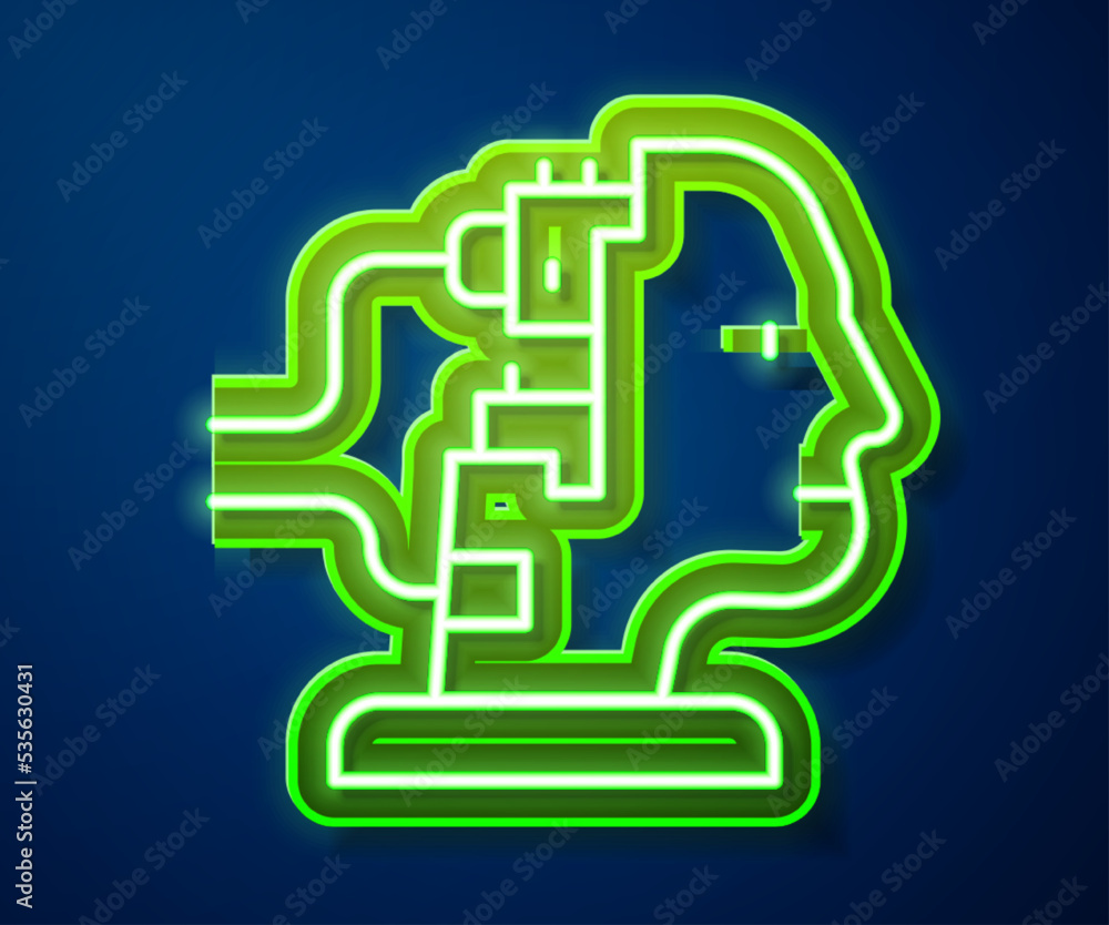 Poster glowing neon line robot connected for maintenance icon isolated on blue background. artificial intel