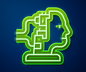 Fototapeta premium Glowing neon line Robot connected for maintenance icon isolated on blue background. Artificial intelligence, machine learning, cloud computing. Vector