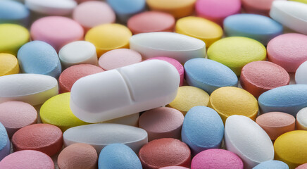 Tablets of different colors. Antibiotic resistance. Tablets from antimicrobial viruses. Pharmaceutical industry..