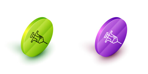 Isometric line Syringe icon isolated on white background. Syringe for vaccine, vaccination, injection, flu shot. Medical equipment. Green and purple circle buttons. Vector