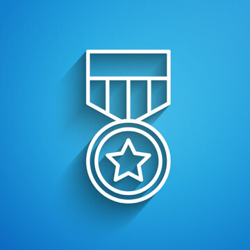 White line Military reward medal icon isolated on blue background. Army sign. Long shadow. Vector