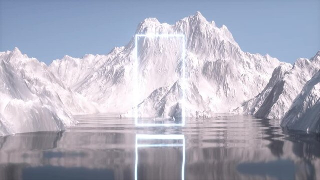abstract door over sea near snow mountain 3D rendered