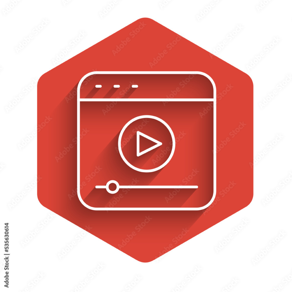 Poster white line live streaming online videogame play icon isolated with long shadow background. red hexag