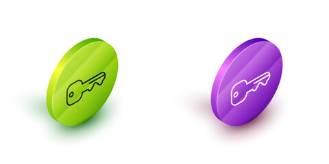 Isometric line House key icon isolated on white background. Green and purple circle buttons. Vector