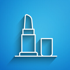 White line Lipstick icon isolated on blue background. Long shadow. Vector