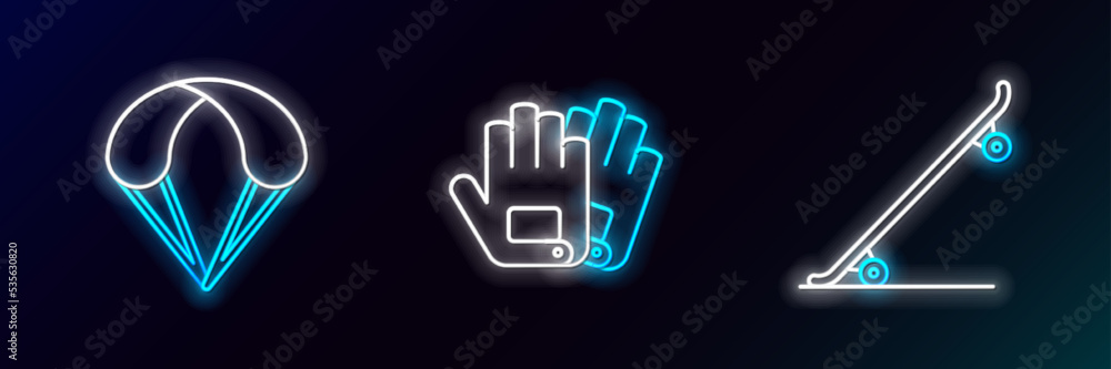 Poster Set line Skateboard, Parachute and Gloves icon. Glowing neon. Vector