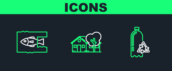 Set line Recycling plastic bottle, Stop ocean pollution and Eco friendly house icon. Vector