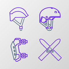 Set line Ski and sticks, Knee pads, Helmet and Bicycle helmet icon. Vector