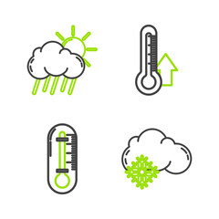 Set line Cloud with snow, Thermometer, and rain and sun icon. Vector