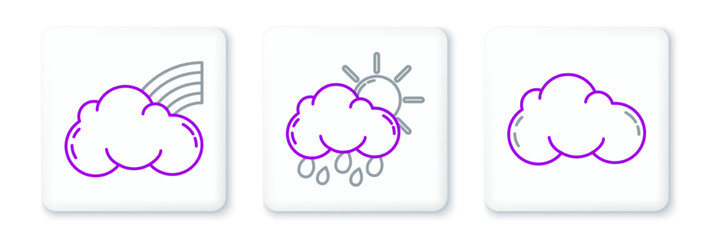 Set line Cloud, Rainbow with clouds and rain and sun icon. Vector