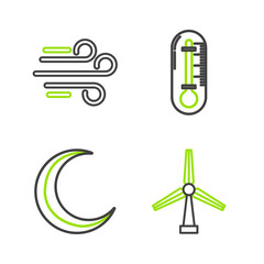 Set line Wind turbine, Moon and stars, Thermometer and icon. Vector