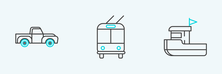 Set line Fishing boat, Pickup truck and Trolleybus icon. Vector