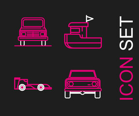 Set line Off road car, Formula race, Fishing boat and Car icon. Vector