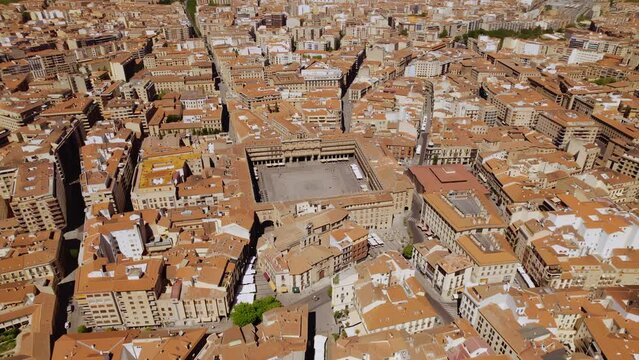 Aerial view of the Plaza Mayor "Main Plaza" in Salamanca, Spain. Is a large plaza located in center of Salamanca. It was built in traditional Spanish baroque style. Cinematic 4K