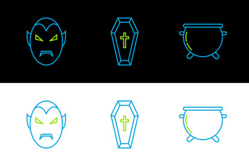 Set line Halloween witch cauldron, Vampire and Coffin with christian cross icon. Vector