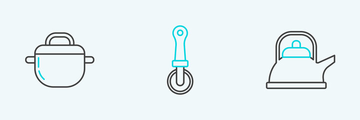 Set line Kettle with handle, Cooking pot and Pizza knife icon. Vector