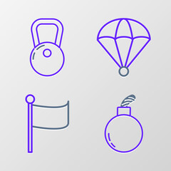 Set line Bomb ready to explode, Flag, Parachute and Kettlebell icon. Vector