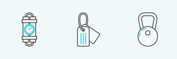 Set line Kettlebell, Detonate dynamite bomb stick and timer clock and Military dog tag icon. Vector