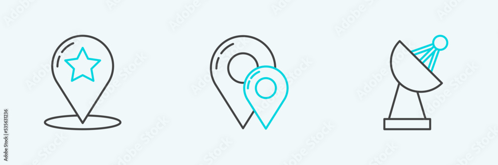 Poster set line radar, map pointer with star and pin icon. vector
