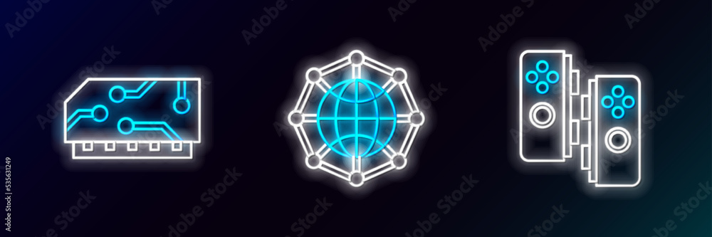 Poster set line gamepad, ram, random access memory and global technology social network icon. glowing neon.