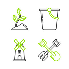 Set line Shovel and rake, Windmill, Bucket and Sprout icon. Vector