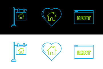 Set line Hanging sign with text Online Rent, Sale and House heart shape icon. Vector