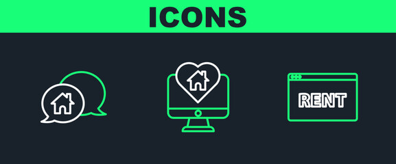 Set line Hanging sign with text Online Rent, House building speech bubble and Monitor house heart shape icon. Vector