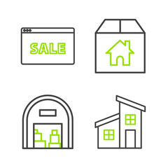 Set line House, Warehouse, Cardboard box with and Hanging sign text Online Sale icon. Vector