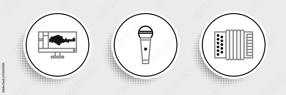 Poster set line musical instrument accordion, sound audio recorder monitor and microphone icon. vector