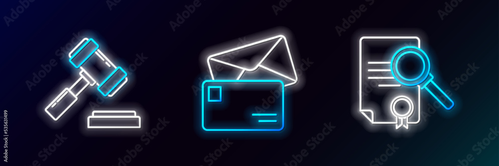 Poster set line document with search, judge gavel and envelope icon. glowing neon. vector