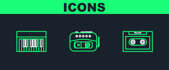 Set line Retro audio cassette tape, Music synthesizer and player icon. Vector