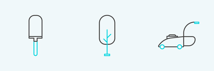 Set line Lawn mower, Garden trowel spade or shovel and Tree icon. Vector
