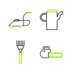 Set line Chainsaw, Garden rake, Watering can and Lawn mower icon. Vector