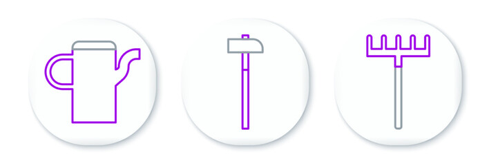 Set line Garden rake, Watering can and Hammer icon. Vector