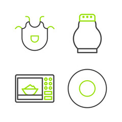 Set line Plate, Microwave oven, Salt and pepper and Kitchen apron icon. Vector