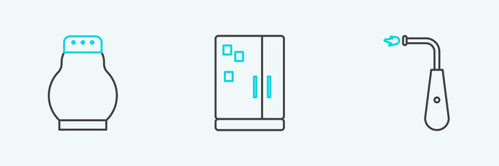 Set line Long electric lighter, Salt and pepper and Refrigerator icon. Vector