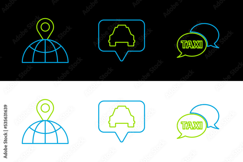 Poster set line taxi call telephone service, location the globe and map pointer with taxi icon. vector