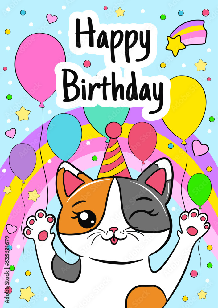 Wall mural happy birthday greeting card with rainbow and funny cat. holiday poster vector