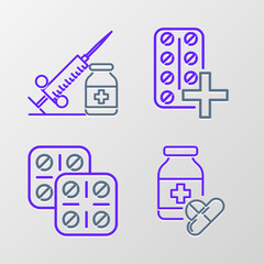 Set line Medicine bottle and pills, Pills blister pack, and Medical syringe with needle vial or ampoule icon. Vector