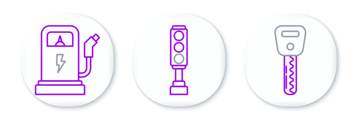 Set line Car key, Electric car charging station and Traffic light icon. Vector