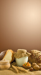 Still life of bread, wheat, nuts, milk, pasta against a wall
