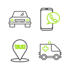 Set line Ambulance and emergency car, Map pointer with taxi, Taxi call telephone service and Car icon. Vector